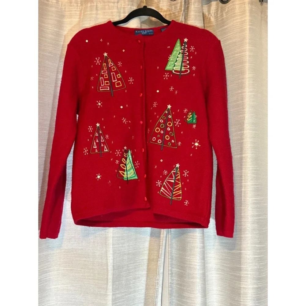 VTG Karen Scott 100% Wool Christmas Tree Cardigan Sweater Red Green Beaded Sz PS